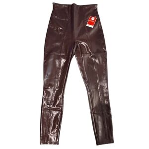 SPANX FAUX LEATHER LIQUID GLOSS LEGGINGS IN RUBY. SIZE SMALL PETITE.